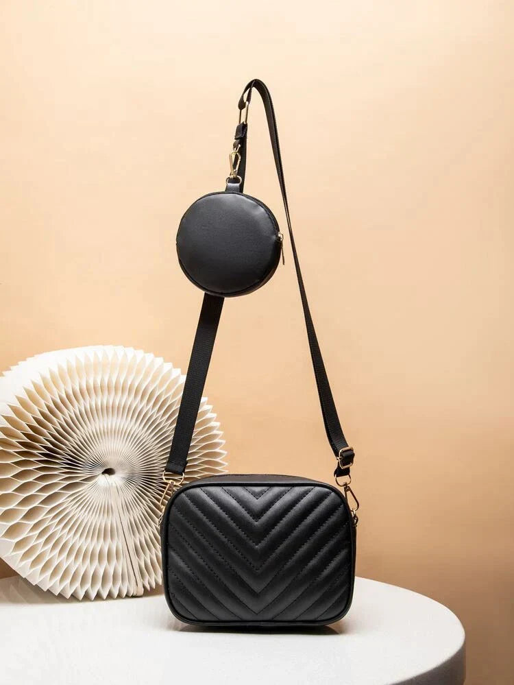 - Chevron Quilted Square Bag With Coin Purse ~ Black