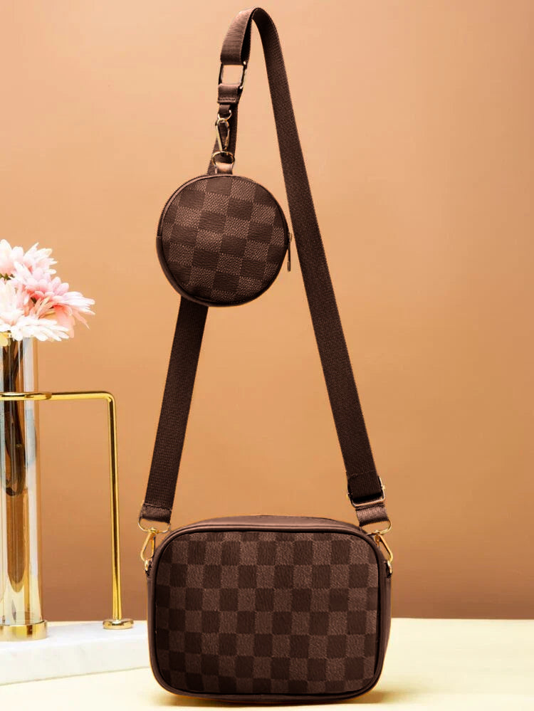 Buy Checkered Coin Crossbody Bag ~ Brown in Pakistan